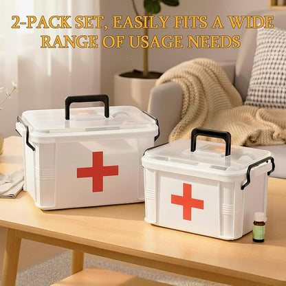 2 Pack Clear Medicine Organizer Box with Handle, Plastic Medicine Container with Tray First Aid Box Empty, Thickened Medicine Storage Organizer Multipurpose Medication Organizer Storage, White