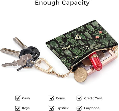 Vintage Plants Keychain Coin Purse for Women, Small PU Leather Change Pouch, Zipper Little Tiny Travel Wallet for Girls, Cute Kawaii Zip Pocket Coin Holder with Key Ring