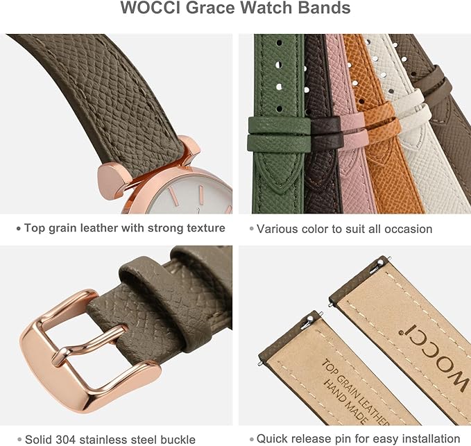 WOCCI 12mm Grace Leather Watch Band for Ladies, Top Grain Leather, Quick Release Replacement Strap with Rose Gold Buckle (Elephant Grey)