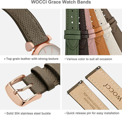 WOCCI 18mm Grace Leather Watch Band for Ladies, Top Grain Leather, Quick Release Replacement Strap with Rose Gold Buckle (Elephant Grey)