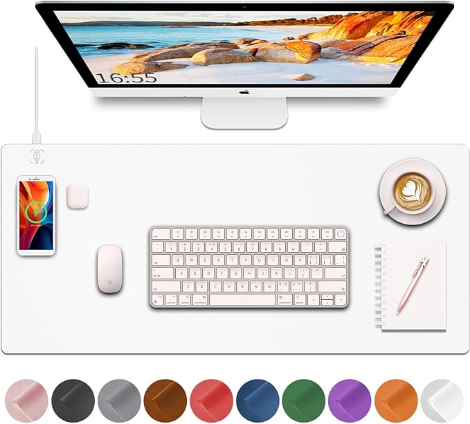 Desk Mat with Wireless Charging, White Mouse Pad with Wireless Charger, Desk Pad Matt for Desktop, Mousepad Gaming Large Mouse Pad, Leather Compute for Keyboard and Mouse, 32" x 16"