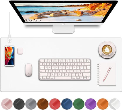 Desk Mat with Wireless Charging, White Mouse Pad with Wireless Charger, Desk Pad Matt for Desktop, Mousepad Gaming Large Mouse Pad, Leather Compute for Keyboard and Mouse, 32" x 16"