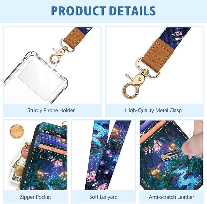 Forest Firefly Lanyard Wallet with ID Badge Holder, Floral Small RFID Wallet Women Keychain Wristlet, Slim Credit Card Holder with Zipper Pocket Phone Lanyard Wrist Strap Name Tag Office Teacher Gift
