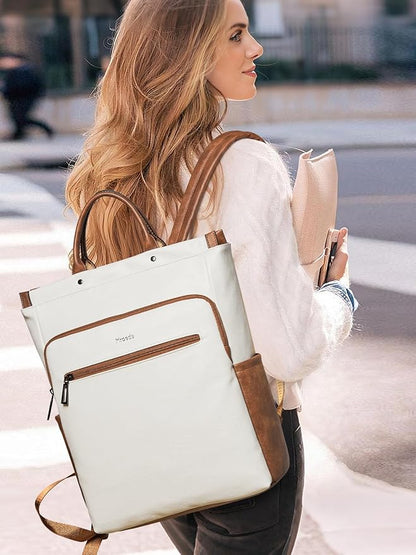 Leather Laptop Backpack for Women, Travel Backpack Purse Fits 15.6 Inch Laptop, Casual Daypack with Laptop Compartment for Teachers College Work Business Nurse Weekender, Beige Brown