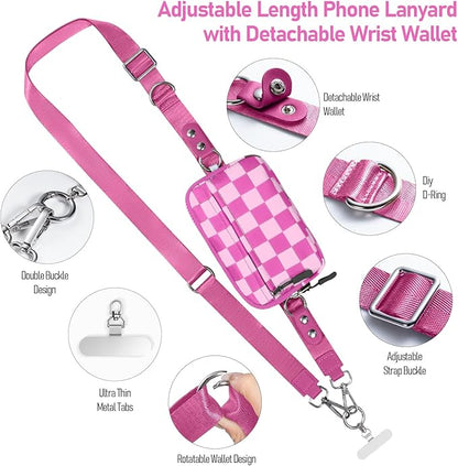 Tiostep Clip and Go Strap for Phone with Wallet Crossbody Phone Lanyard and Detachable Checkered Bag with ID Window and RFID Pouch for Daily Travel.