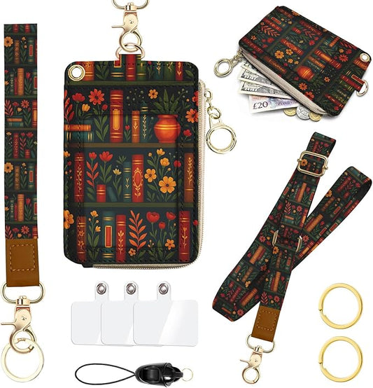 Plant Bookshelf Lanyard Wallet, PU Leather Lanyards for ID Badges, RFID Blocking, Detachable Phone Lanyard Keychain Wristlet ID Badge Holder with Zipper Pocket for Office School Business