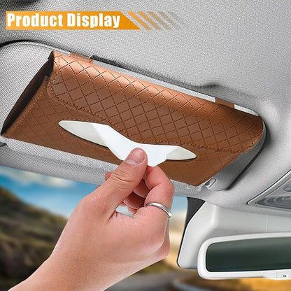 Car Tissue Holder, PU Leather Auto Napkin Holder for Visor & Backseat, Automotive Mask Organizer Case to Keep Vehicle Tidy, Universal Interior Accessories for Sedan Truck SUV (Brown)