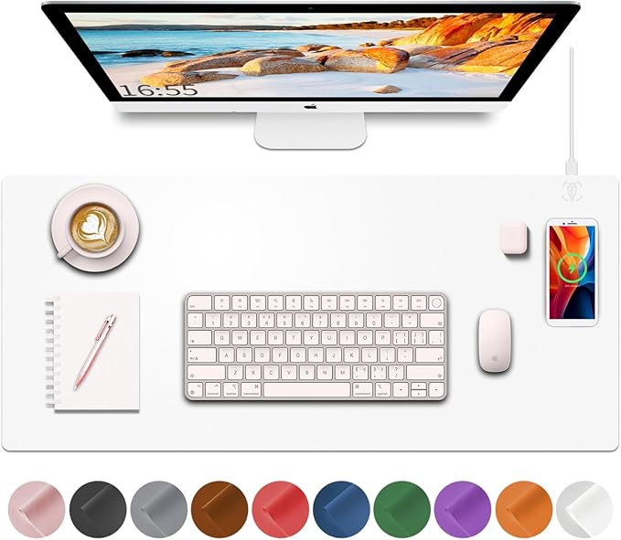 Desk Mat with Wireless Charging, White Mouse Pad with Wireless Charger, Desk Pad Matt for Desktop, Mousepad Gaming Large Mouse Pad, Leather Compute for Keyboard and Mouse, 32" x 16"