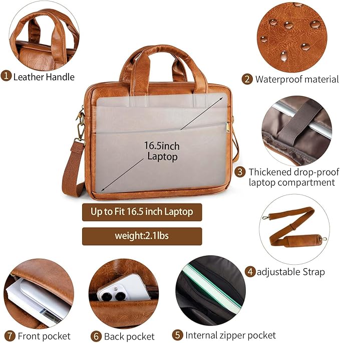 Faux Leather Messenger Bag for Men 15.6 Inch: Laptop Bag Briefcase Computer Handbags Shoulder Crossbody Bag with Padded Laptop Sleeve for Work College Travel, PU Brown