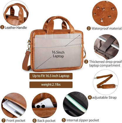 Faux Leather Messenger Bag for Men 15.6 Inch: Laptop Bag Briefcase Computer Handbags Shoulder Crossbody Bag with Padded Laptop Sleeve for Work College Travel, PU Brown