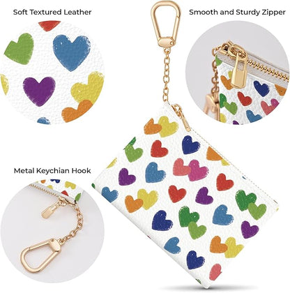 Love Hearts Keychain Coin Purse for Women, Small PU Leather Change Pouch, Zipper Little Tiny Travel Wallet for Girls, Cute Kawaii Zip Pocket Coin Holder with Key Ring