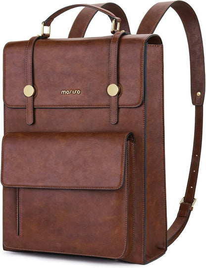 MOSISO Trendy Leather Backpack Purse for Women Men, 15.6-16 inch Laptop Backpack Waterproof Stylish Large Capacity Casual Daypack Bag for Work Business College Travel, Brown
