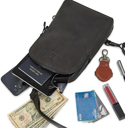 Leather Sling Bag for Women Genuine Crossbody Purse Small Trendy Cross Over Chest Phone and Credit Card Slots (Black Crazy Horse)
