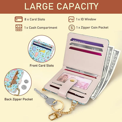 Jogjam Cute Dinosaur Rfid Girls Girly Teen Wallet, Small Slim Thin Compact Travel Credit Card Women Wallet, PU Leather Bifold Cash Zipper Coin Pocket ID Window for Female Ladies Gifts