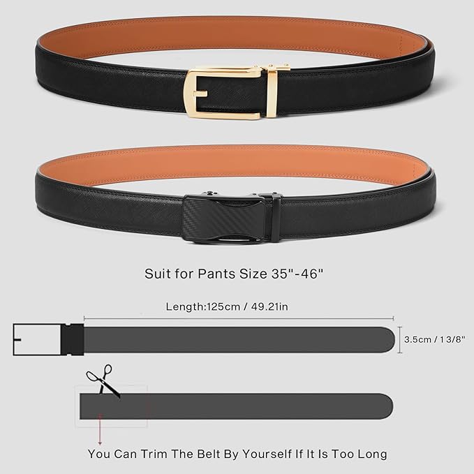 GAEKEAO Ratchet Belt for Men Genuine Leather 1 3/8" - Micro-Adjust Buckle Trim to Fit Dress Belt Casual to Formal Gift Boxed