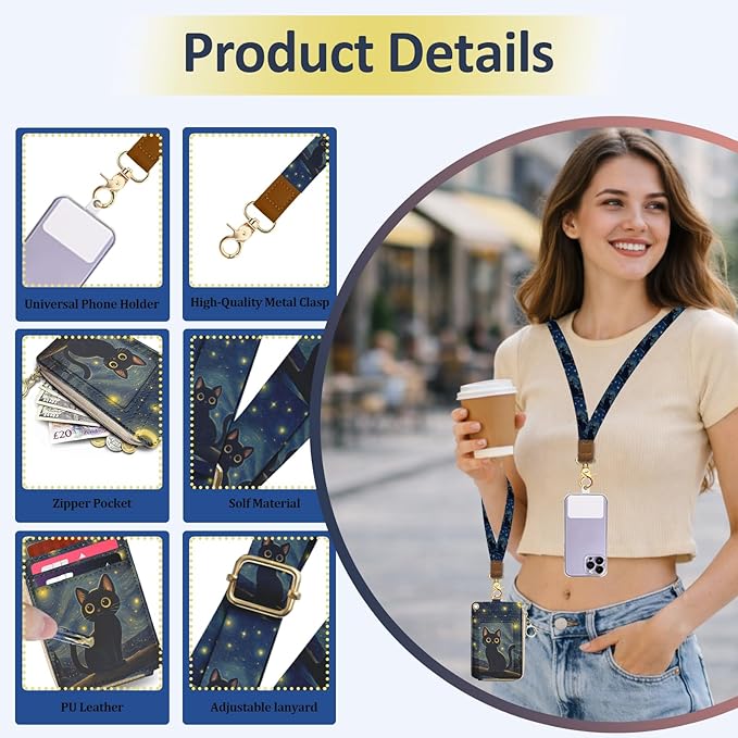Black Cat Lanyard Wallet with ID Badge Holder, Small RFID Wallet Women Keychain Wristlet, PU Leather Credit Card Holder with Zipper Pocket Phone Lanyard Wrist Strap Teacher Nurse Office