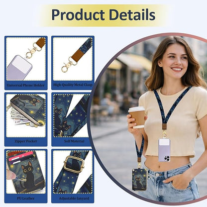 Black Cat Lanyard Wallet with ID Badge Holder, Small RFID Wallet Women Keychain Wristlet, PU Leather Credit Card Holder with Zipper Pocket Phone Lanyard Wrist Strap Teacher Nurse Office