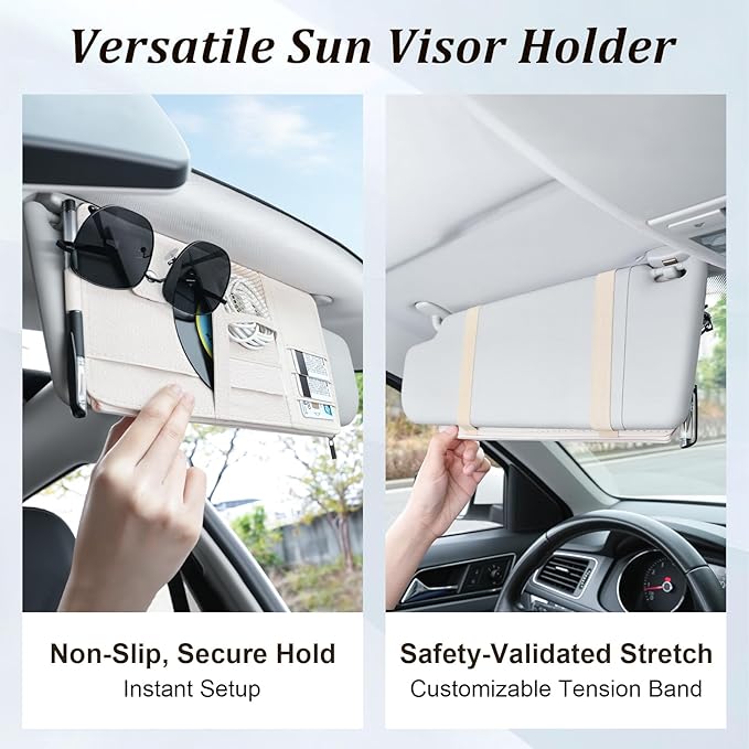 Amiss Car Sun Visor Organizer with Double Zippers, Multi-Pockets for Glasses, Pens, Cards & Documents, Universal Storage Pouch Fits Most Cars, SUVs and Trucks, Car Interior Accessories (Beige)