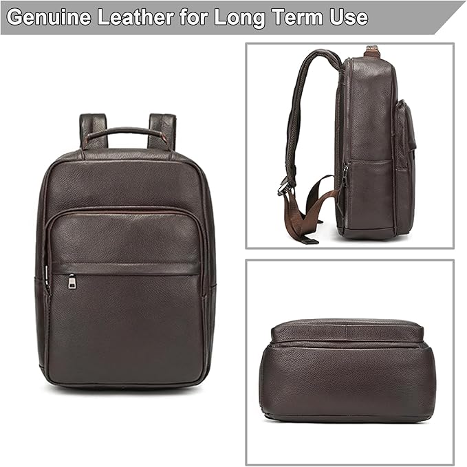 Durable Genuine Leather Backpack - 15.6 Inch Laptop Bag for Business Commute & Travel, Large Capacity Multi-Pocket Backpack for Men/Women, Coffee