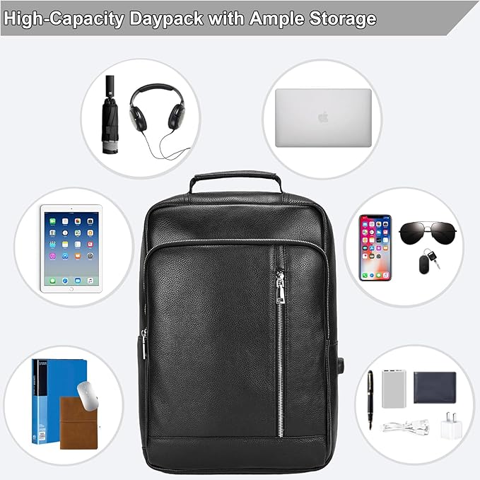 Genuine Leather 15.6 Inch Laptop Backpack for Men, Multi Pocket Slim Daypack Shoulder Bag with Trolley Sleeve for Business Travel (Black)