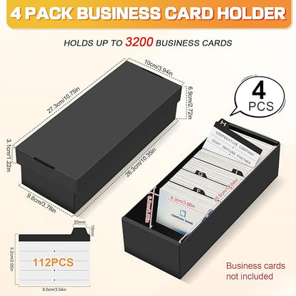 Business Card Storage Box 4 Pack, Business Card Holder Case with Lids & 112 Index Dividers, Holds 3200 Cards Total, Desk Business Card Organizer, Black Card Index & Recipe Card Storage