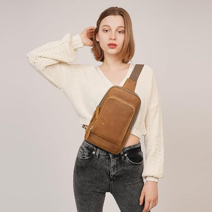 S-ZONE Sling Bag for Men Women RFID Blocking Top Grain Leather Crossbody Shoulder Bag Chest Hiking Daypack Travel