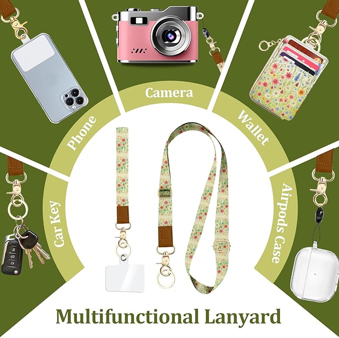 Floral Lanyard Wallet, PU Leather Lanyards for ID Badges, RFID Blocking, ID Badge Holder with Zipper Pocket Detachable Phone Lanyard Keychain Wristlet for Office School Business