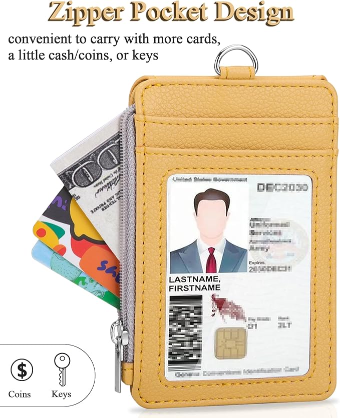 Teskyer Badge Holder with Side Zip Pocket, Multiple Card Slots Leather ID Holder Wallet with Neck Lanyard for Office Staffs, Teachers/Students, Workers, Cruise Cards, Bus/Metro Cards, Lichee Yellow