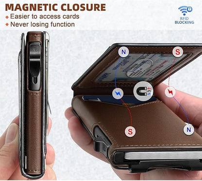 Genuine Leather Wallet for Men Slim Magnetic Flip Bifold with Money Clip and Metal Card Case Holds 9 Cards Ideal for Gifts and Daily Use (Black)