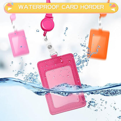 12 Sets ID Holder Badge with Lanyards Retractable Name Badge Reel PU Leather Waterproof Clear Card Holder with 1 Transparent ID Window 1 Credit Card Slot for Women Men Nurse School Office (Vertical)