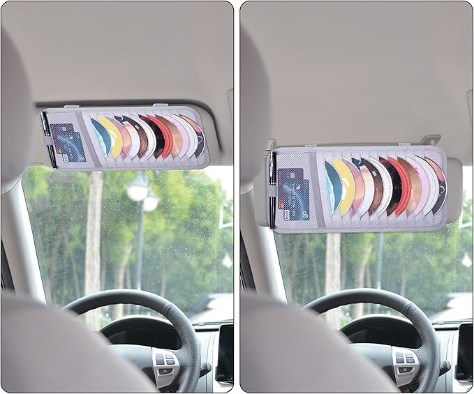 Car CD Case Holder, Wisdompro Vehicle Sun Visor Organizer for Cars with 12 DVD Storage Sleeves, 1 Mesh Pocket, 1 Pen Holder and Elastic Strap, Gray