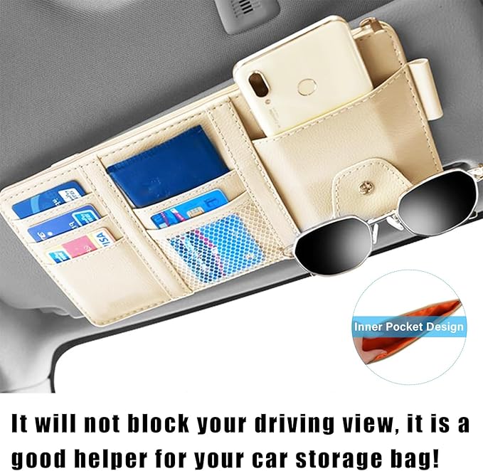 Augeny Car Sun Visor Organizer, Leather Personal Belonging Storage Pouch with Zipper, Car Visor Storage Pouch Sunglasses Holder, Auto Interior Accessories Pocket Organizers (Beige)