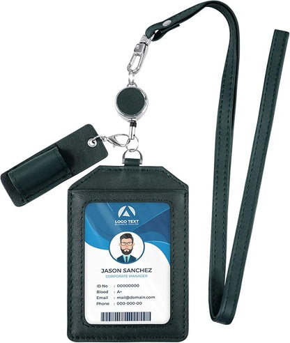 Office Badge Holder - Boshiho Genuine Leather Credit ID Card Holder with Stretch Neck Lanyard Vertical Style (Green)