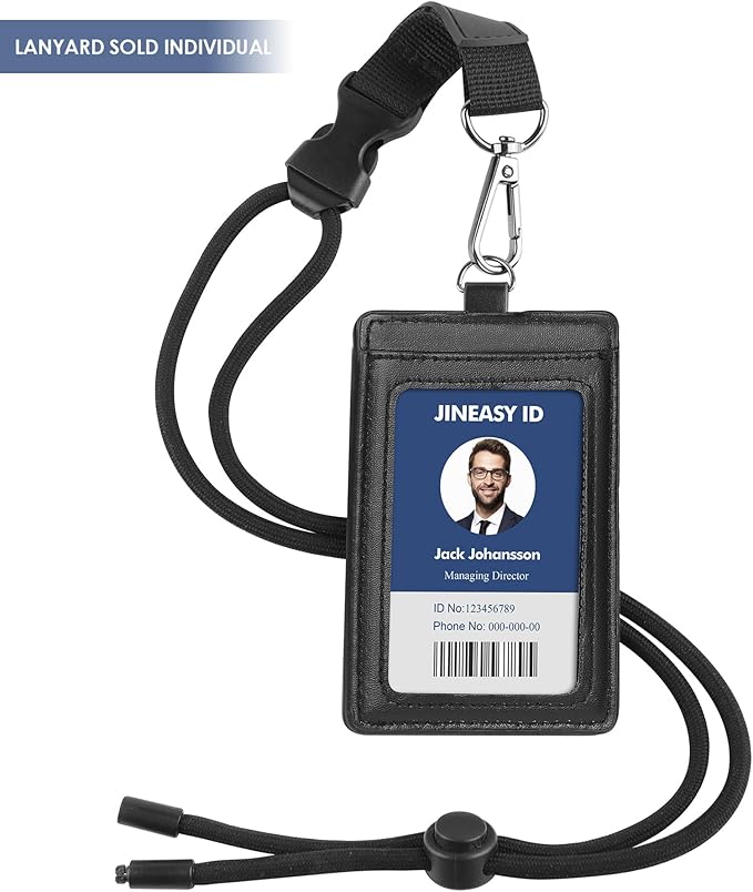JINEASY ID Leather ID Badge Holder Vertical Lanyard ID Card Holder Black Badge Protector Case for Work Office Name Badges Keycard, Holds 3 ID Cards, 2 Pack