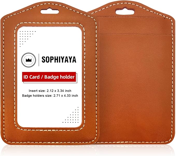2 Pack Genuine Leather Badge Holder, Key Card Holder, Vertical ID Badge Holder for Student, Teacher, Office, Work and Factory (Brown)