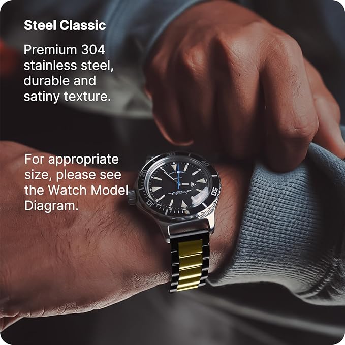 Fullmosa 22mm Stainless Steel Watch Band, Quick Release Metal Replacement Strap with Removable Links, Includes Spring Bars & Link Removal Tool for Men Women (Black+Golden)