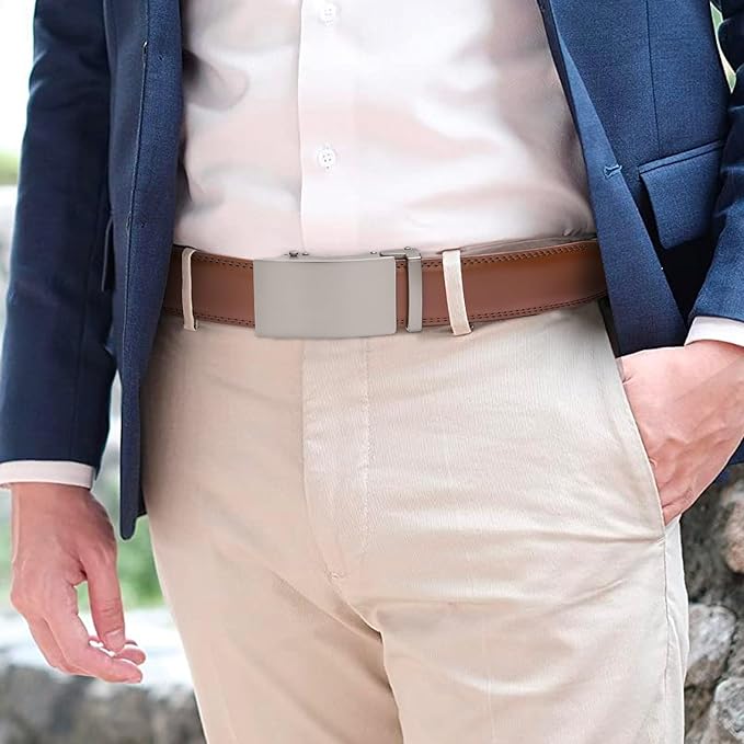 SENDEFN Men's Leather Belt Automatic Ratchet Buckle Slide Belt for Dress Casual Trim to Fit with Gift Box