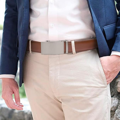 SENDEFN Men's Leather Belt Automatic Ratchet Buckle Slide Belt for Dress Casual Trim to Fit with Gift Box