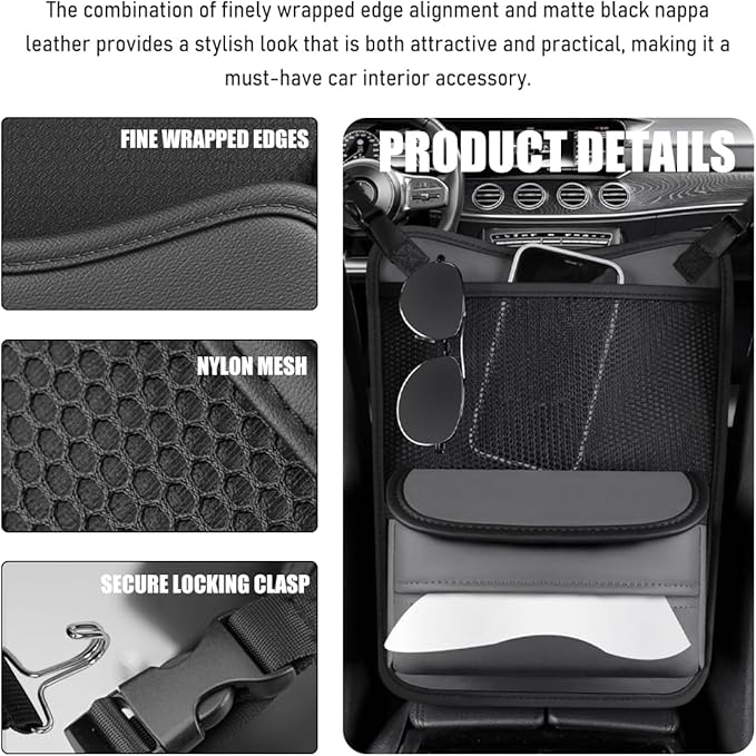 Car Organizer Storage Between Seats, Nappa Leather Front Seat Storage Bag with Tissue Holder, Automotive Console Hanging Net Pocket Handbag Holder for Phone Document (Gray)