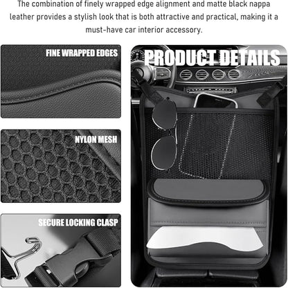 Car Organizer Storage Between Seats, Nappa Leather Front Seat Storage Bag with Tissue Holder, Automotive Console Hanging Net Pocket Handbag Holder for Phone Document (Gray)