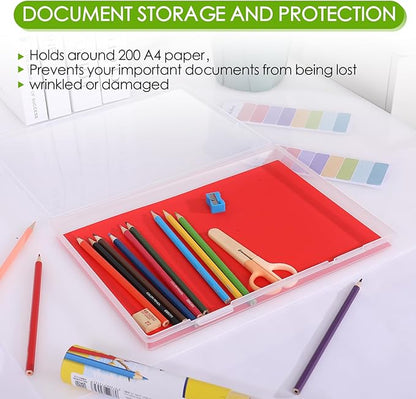 4 Pack Photo Storage Box, Scrapbook Paper Storage Fits 8.5" x 11.5" A4 Letter, Stackable Plastic Paper Storage with Snap for Protecting Scrapbooks, Photos, Game Card, Office Supplies, Files