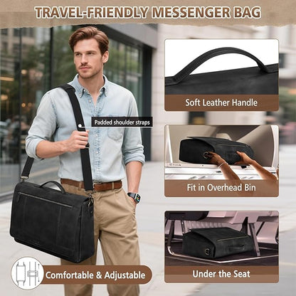 RAINSMORE Leather Messenger Bag for Men 15.6 Inch Laptop Bag Vintage Briefcase Large Computer Bag Satchel Shoulder Bag For College,Work,Business,Office,Black