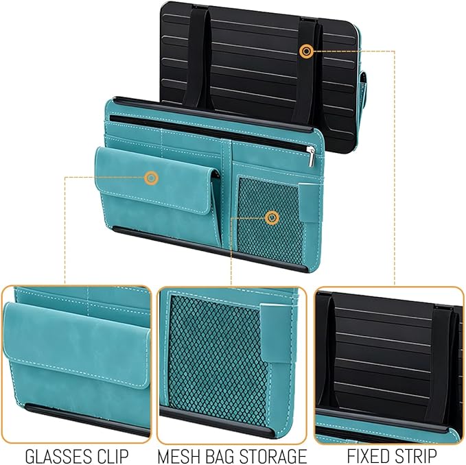Car Sun Visor Organizer, Leather Vehicle Visor Card License Storage Pouch with Glasses Holder, Multifunctional Auto Interior Sunshade Document Pocket Organizer, Universal for Vehicles (Blue)