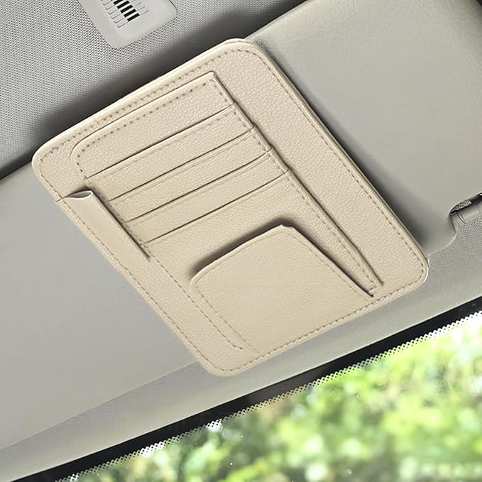 Car Sun Visor Organizer, PU Leather Vehicle Visor Document Storage Pocket for Sunglass Card Pen, Multifunctional Automotive Interior Holder Accessories, Universal Fit (Beige)