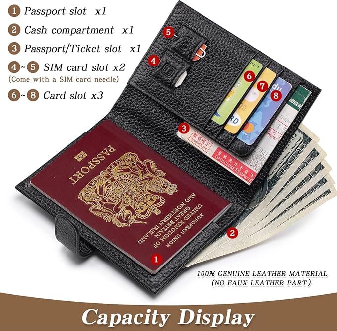 Passport Holder for Travel Women RFID Blocking Genuine Leather Passport Wallet with Card Slots, Zipper Coins Pocket, Cash Holder, Black