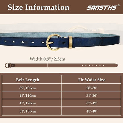 SANSTHS Womens Genuine Leather Belts for Jeans Pants Trendy Vintage Thin Leather Belt Gold Buckle Ladies Skinny Waist Belt