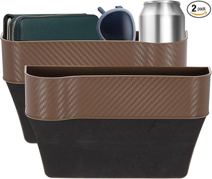 HARFINGTON 2pcs Car Seat Gap Filler Organizer 10.2 x 6.5 x 2.8 Inch PP Universal Car Organizer Storage Box Between Seat and Console (Left+Right) with Cup Holders for Phone Sunglasses, Brown