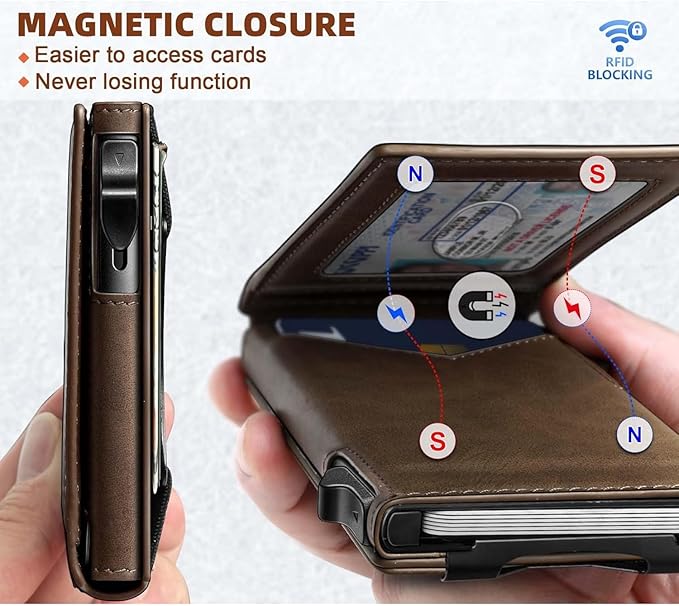 Genuine Leather Wallet for Men Slim Magnetic Flip Bifold with Money Clip and Metal Card Case Holds 9 Cards Ideal for Gifts and Daily Use (Coffee)