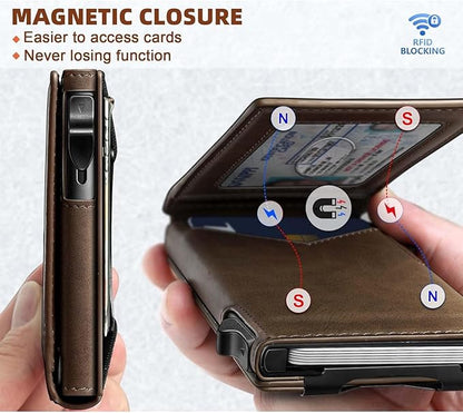 Genuine Leather Wallet for Men Slim Magnetic Flip Bifold with Money Clip and Metal Card Case Holds 9 Cards Ideal for Gifts and Daily Use (Coffee)