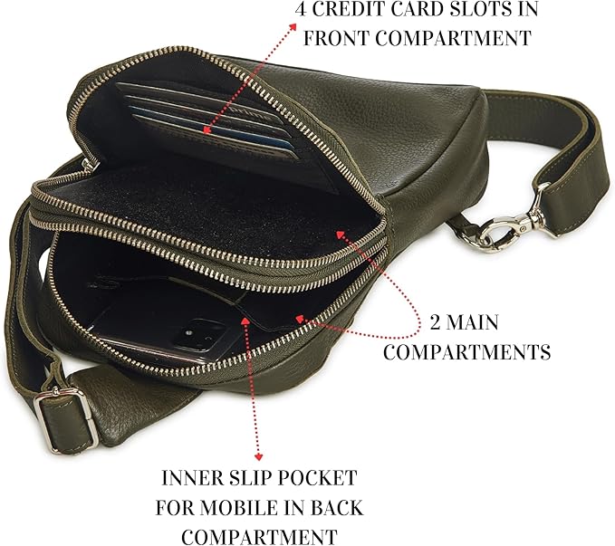 Leather Sling Bag for Women Genuine Crossbody Purse Small Trendy Cross Over Chest with Phone and Credit Card Slots (Olive Nappa)